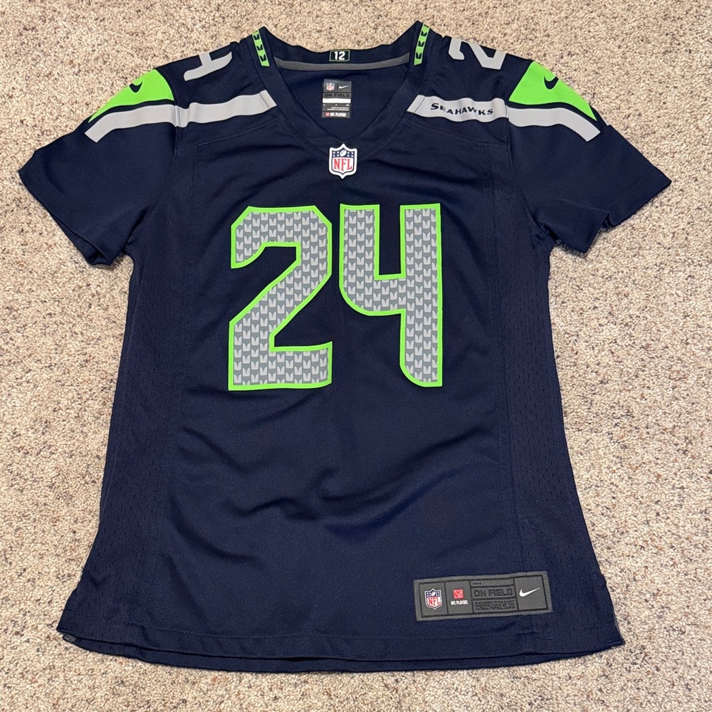 Like new! Nike Seahawks Marshawn Lynch Jersey with Navy, Lime and Gray Details